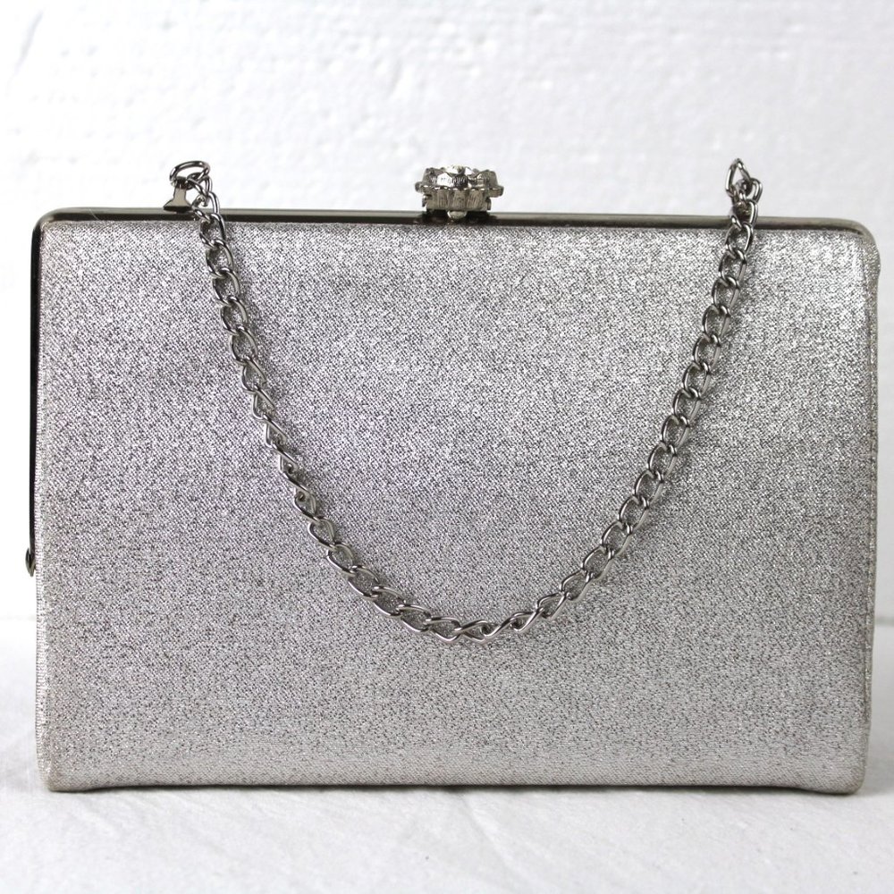 Silver Lamé Frame Handbag, Formal‎ Evening Purse